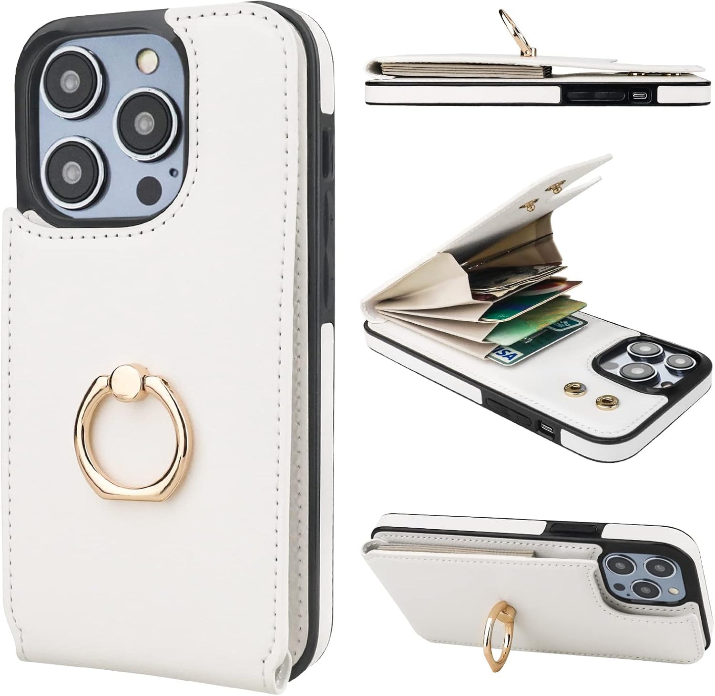 Folosu Compatible with iPhone 14 Pro Case Wallet with Card Holder, 360°Rotation Finger Ring Holder Kickstand, RFID Blocking Leather Protective Double Buttons Shockproof Cover 6.1 Inch White