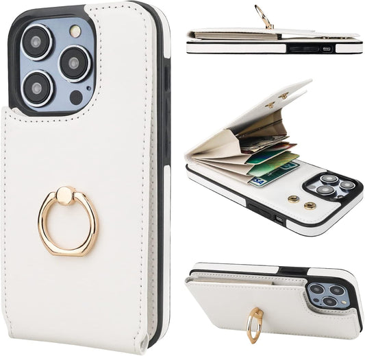Folosu Compatible with iPhone 14 Pro Case Wallet with Card Holder, 360°Rotation Finger Ring Holder Kickstand, RFID Blocking Leather Protective Double Buttons Shockproof Cover 6.1 Inch White