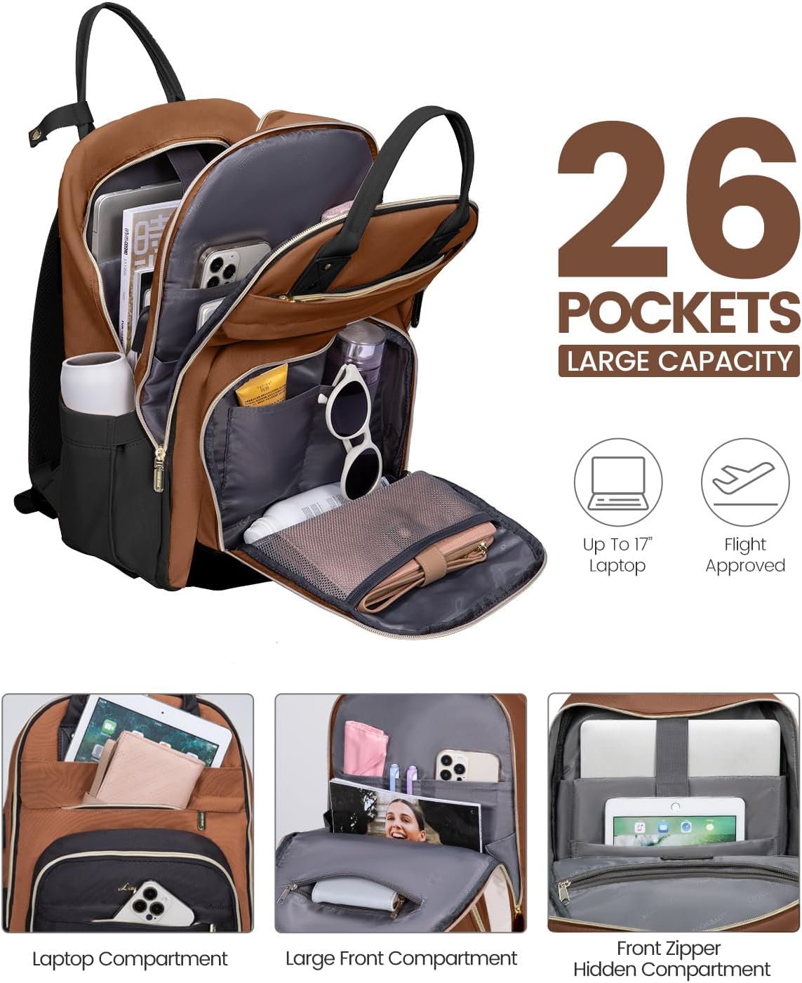 LOVEVOOK Backpack for Women,Laptop Backpack Women,Fits 17 Inch Laptop Bag,School Backpacks,Fashion Travel Work Anti-theft Bag,Waterproof Business Computer College Backpack Purse,Brown-Black