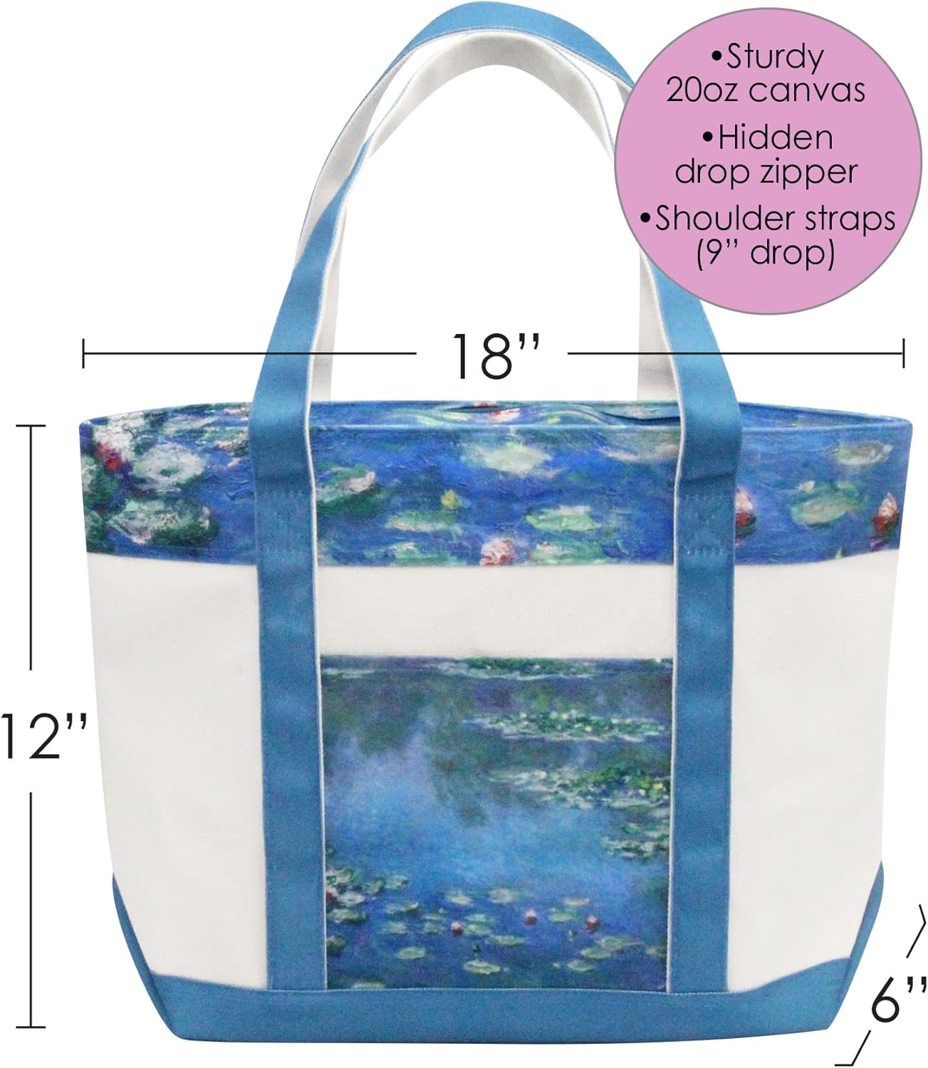 RainCaper Fine Art Large Cotton Canvas Tote Bag Roomy Heavy Duty Sturdy Boat Bag Zippered Top Lots of Pockets Shoulder Straps