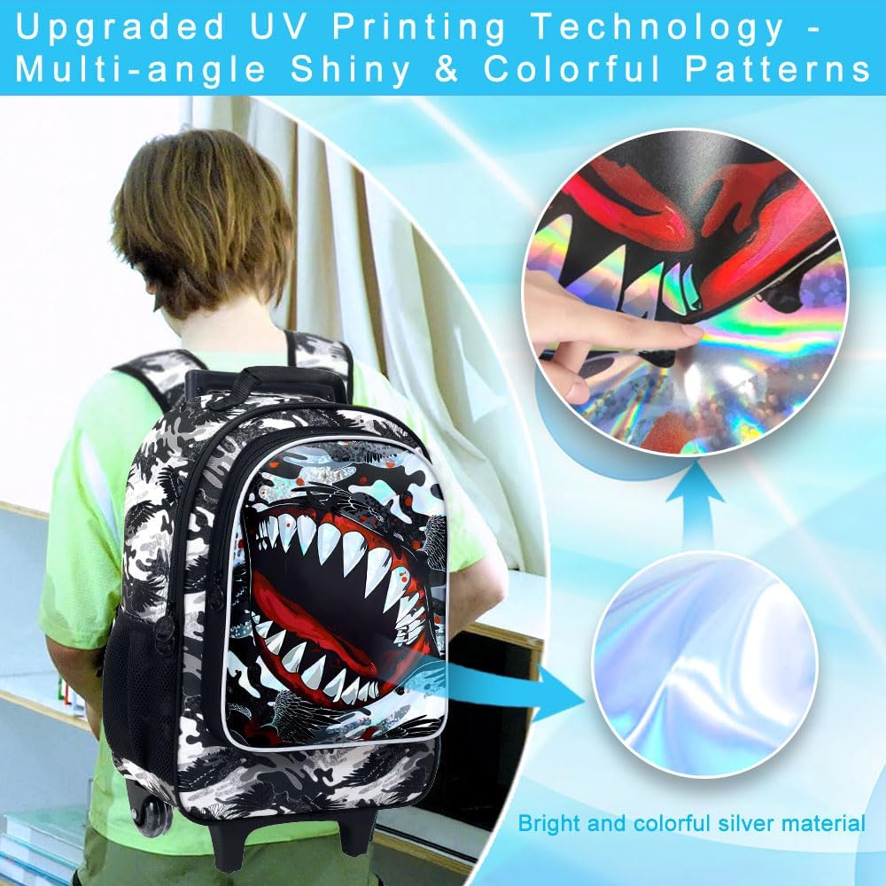 3PCS Shark Rolling Backpack for Boys, Roller School Backpack with Wheels, Kids Wheeled Bookbag for Elementary Preschool Kindergarten(Black)