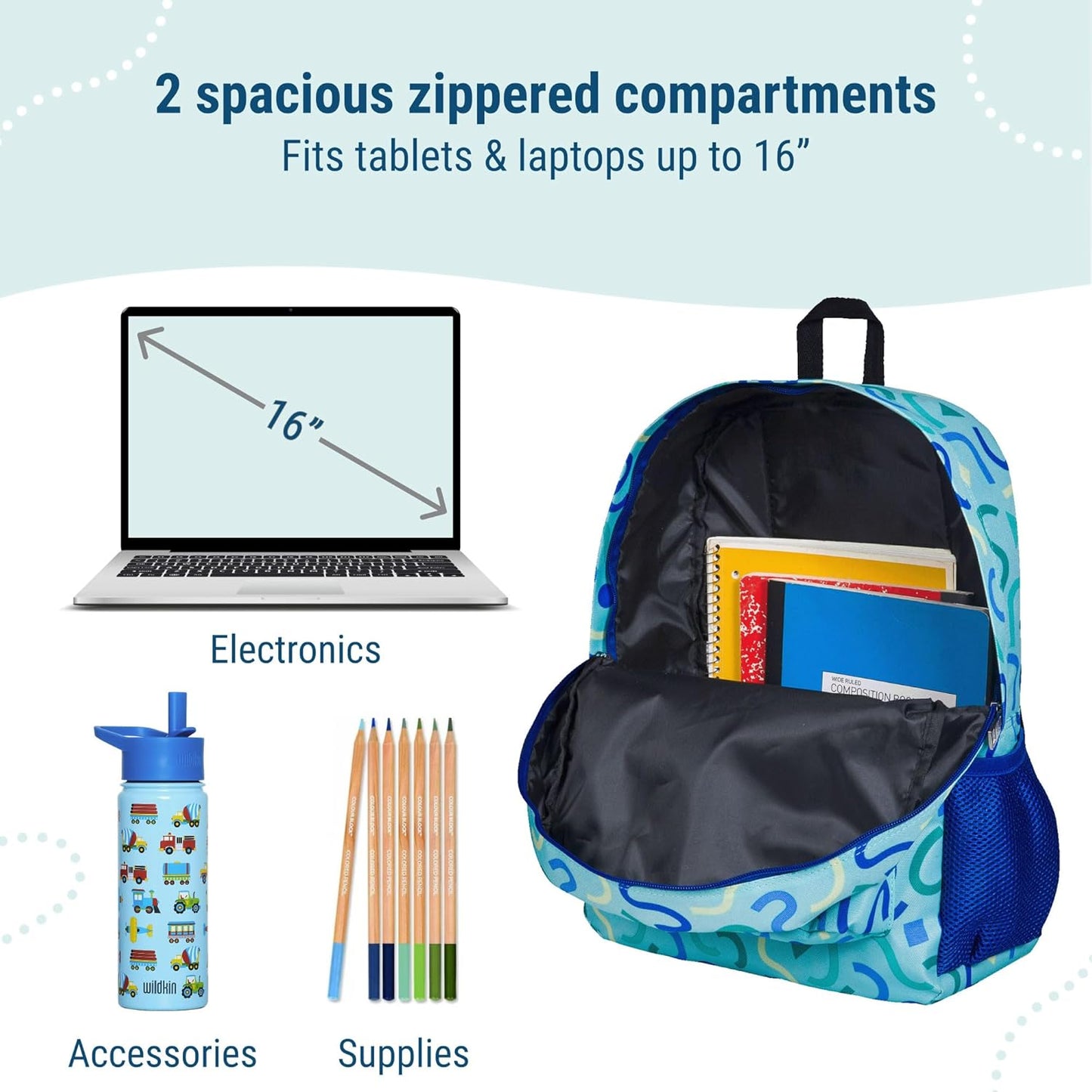 Wildkin 16-inch Kids Backpack – Durable, Padded & Spacious School Bag for Boys & Girls - Confetti Blue