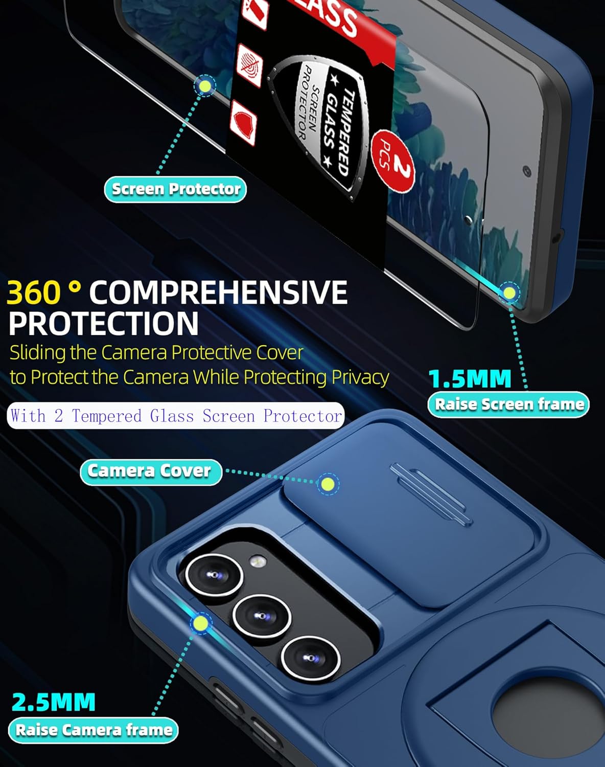 for Samsung Galaxy s20 FE Case Magnetic Compatible with MagSafe Wireless Charging,with 2 Screen Protectors,Built-in Stand Ring+Camera Cover Anti-Scratch Shockproof Heavy Duty Protection Blue