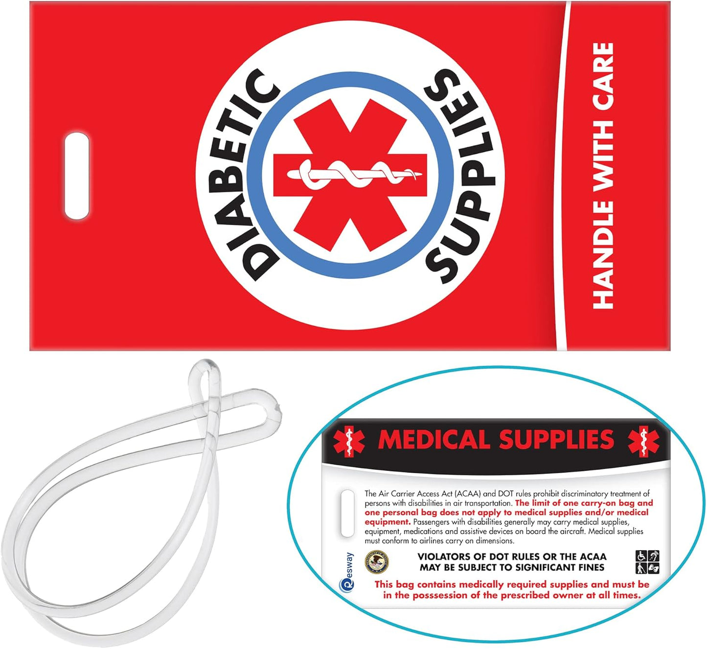 Diabetic Supplies ID Identification Luggage Tag | RED | Medical Alert | Insulin Medical Equipment | Handle with Care | Bag Tag | Luggage Gift