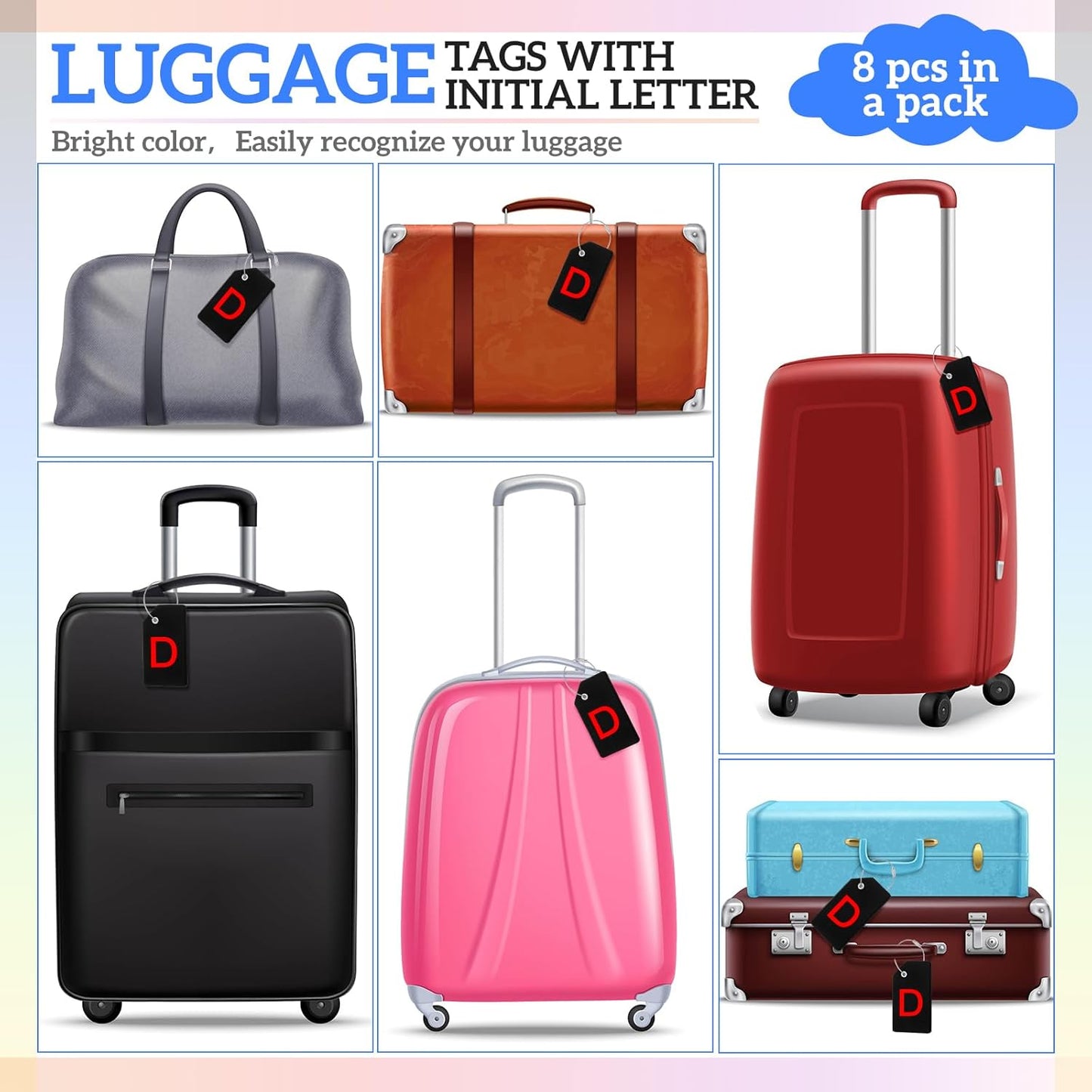 8 Pcs Initial Letter A-Z Luggage Tags Silicone Suitcase Instrument Tag with Name Card and Stainless Steel Loop(Letter D,Red, Black)