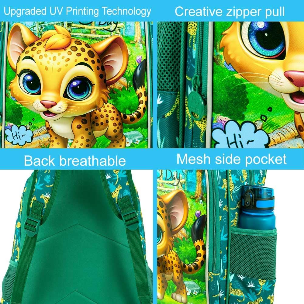 gxtvo 3PCS Boys Leopard Bookbag, 16" Kids Backpack with Lunch Box, Water Resistant Elementary Preschool Toddler School Bag