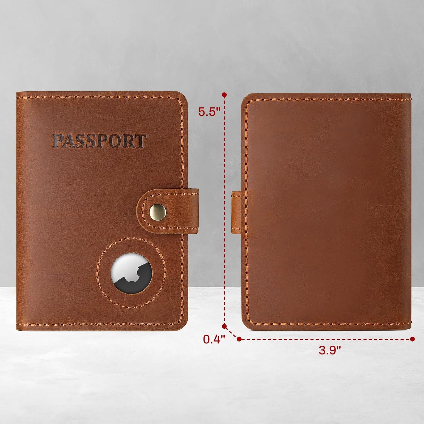 Full Grain Leather Passport Holder with AirTag, Travel Passport Wallet and Air Tag Cover for Men and Women, with 4 Card Holder