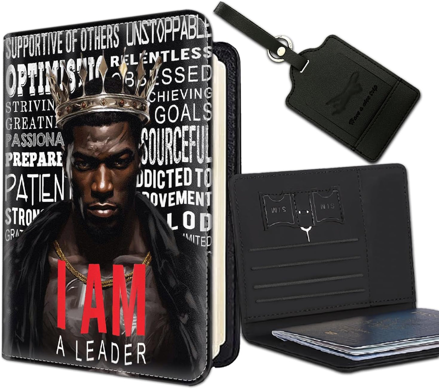 Passport Holder Women Wallet with Luggage Tag, Leather Passport Cover with RFID Blocking, Travel Accessories Multi Card Slot Passport Case for Men，Black Crown King