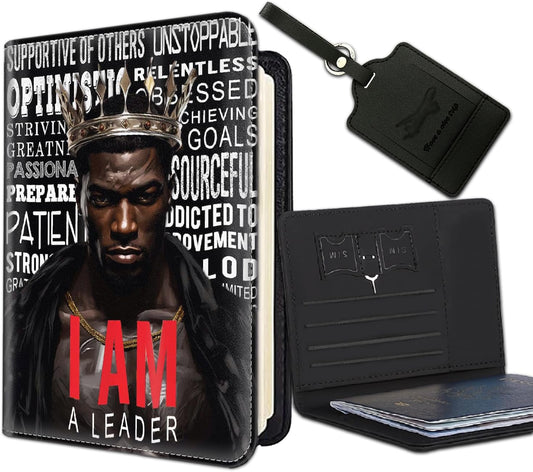 Passport Holder Women Wallet with Luggage Tag, Leather Passport Cover with RFID Blocking, Travel Accessories Multi Card Slot Passport Case for Men，Black Crown King