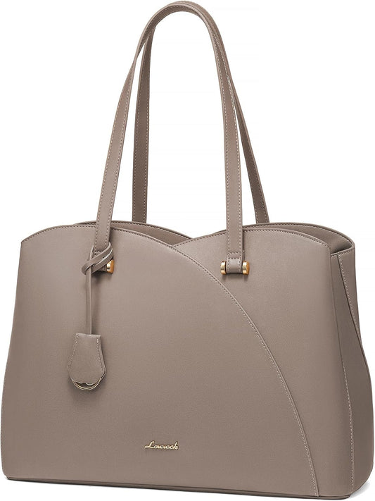 LOVEVOOK Teacher Tote Bag for Women, Work Bags Laptop Bag, Professional 15.6 Inch Leather Computer Bag, Large Purses Handbag Briefcase, Taupe