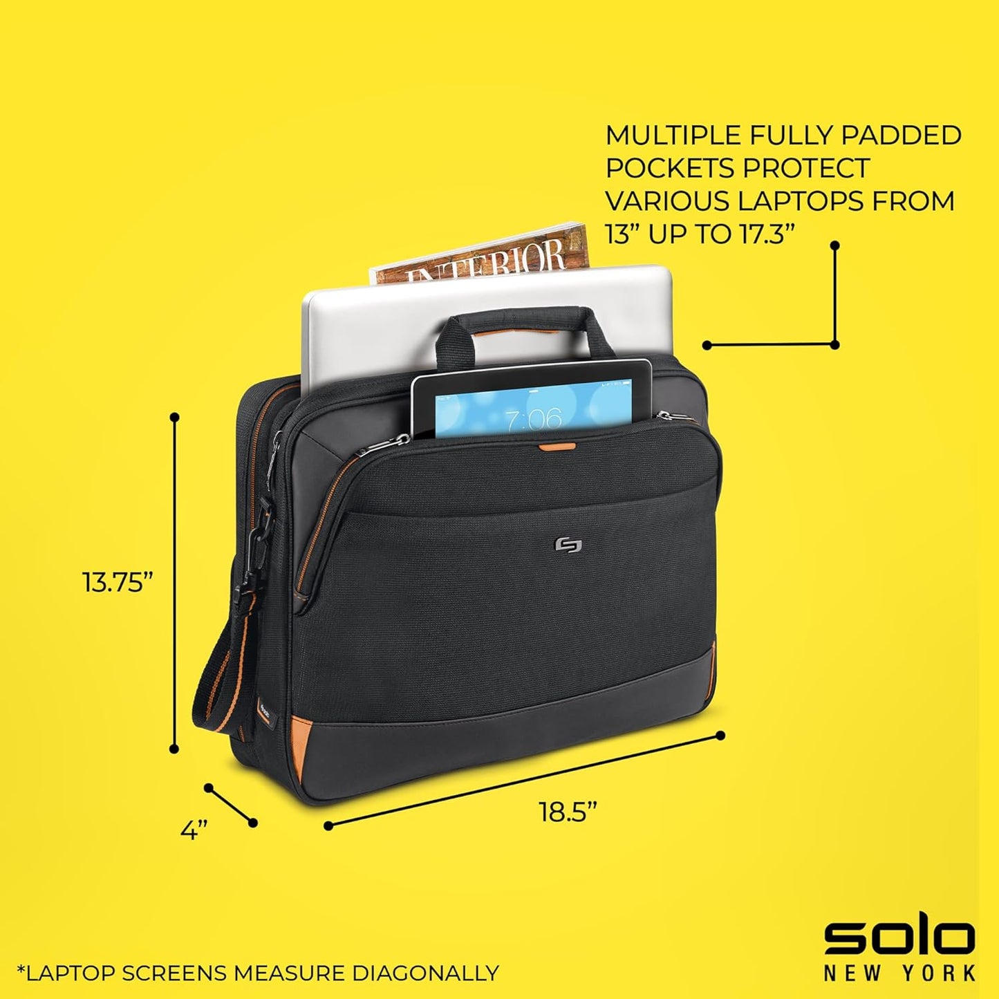 Solo New York Briefcase - Laptop Carrying Bag for Women & Men, Brief for Travel & Work, Internal Tablet Pocket, Adjustable Shoulder Strap, Fits 17.3" Computer - Focus, Black