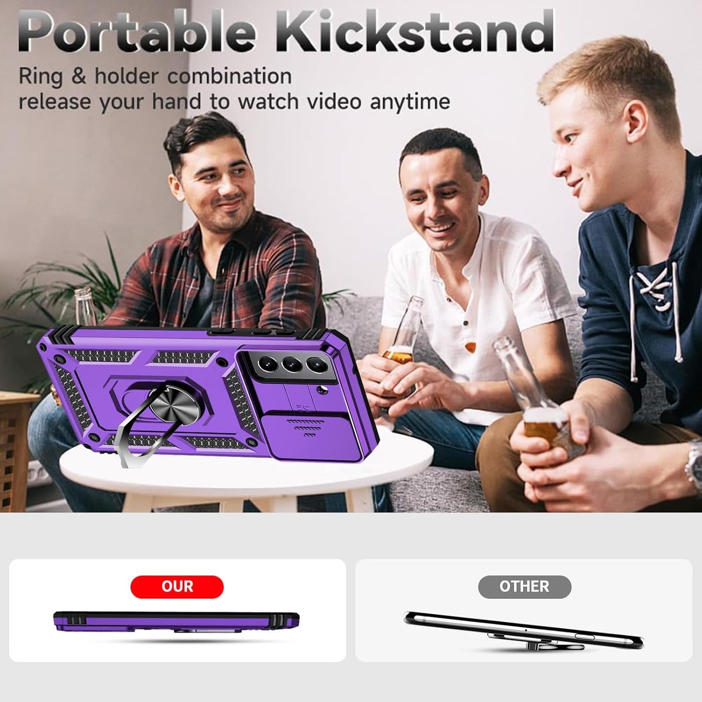 for Samsung S21 FE Case with Screen Protector: [Military Grade 20ft. Drop Tested] Ring Shockproof Protective Phone Case for -Samsung Galaxy S21 FE (Purple)