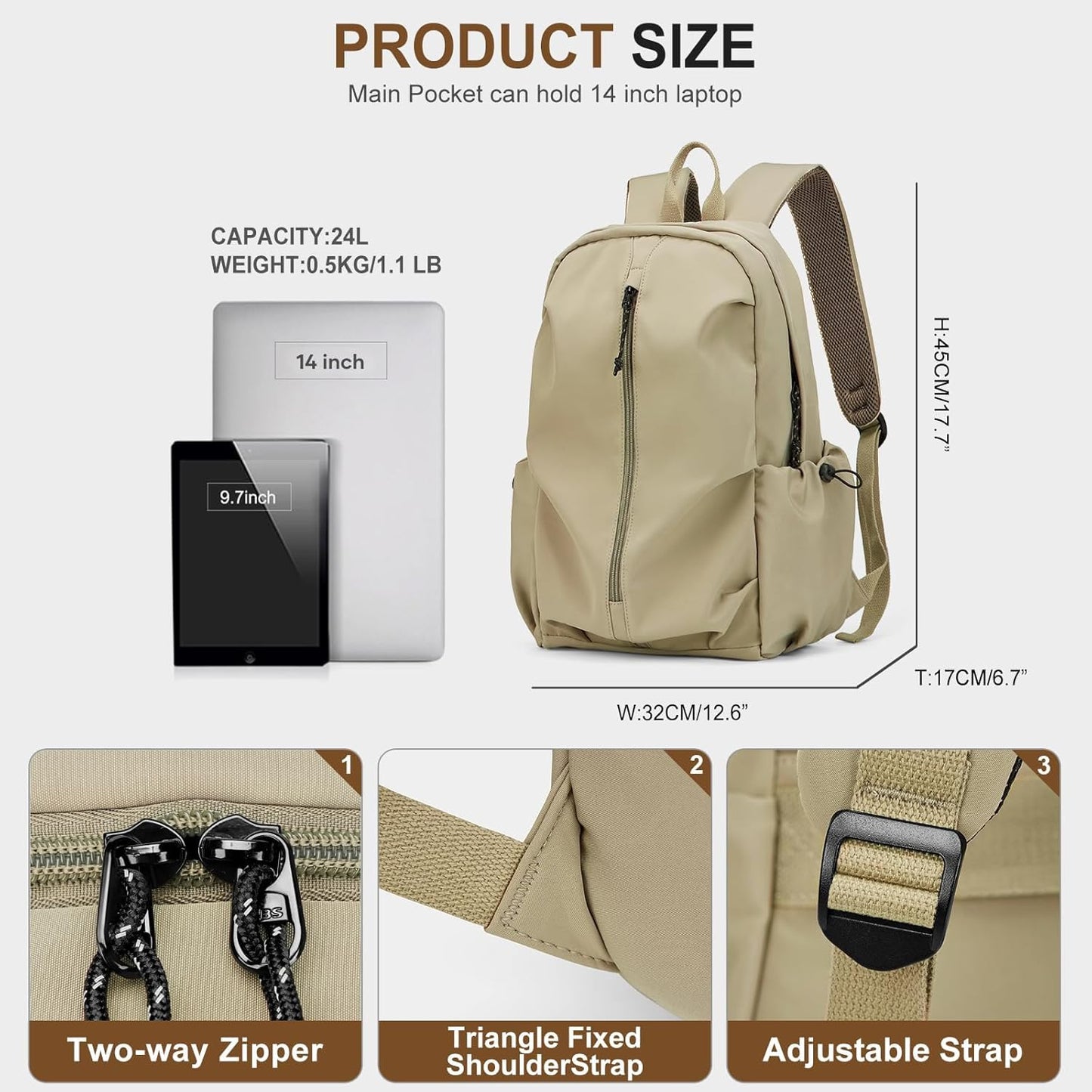 weradar School Backpack For Women Men,Waterproof College Backpack,High School bag,Lightweight Casual Daypack Middle Student Travel Back pack,Cute Bookbag For Teens Boys Girls (Khaki)