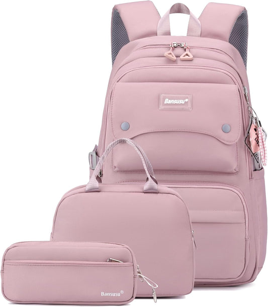 3Pcs Girls Backpack and Lunchbox Set for School Kids, Solid Color School Bag Backpack for Girls with Lunch Bag, Purple