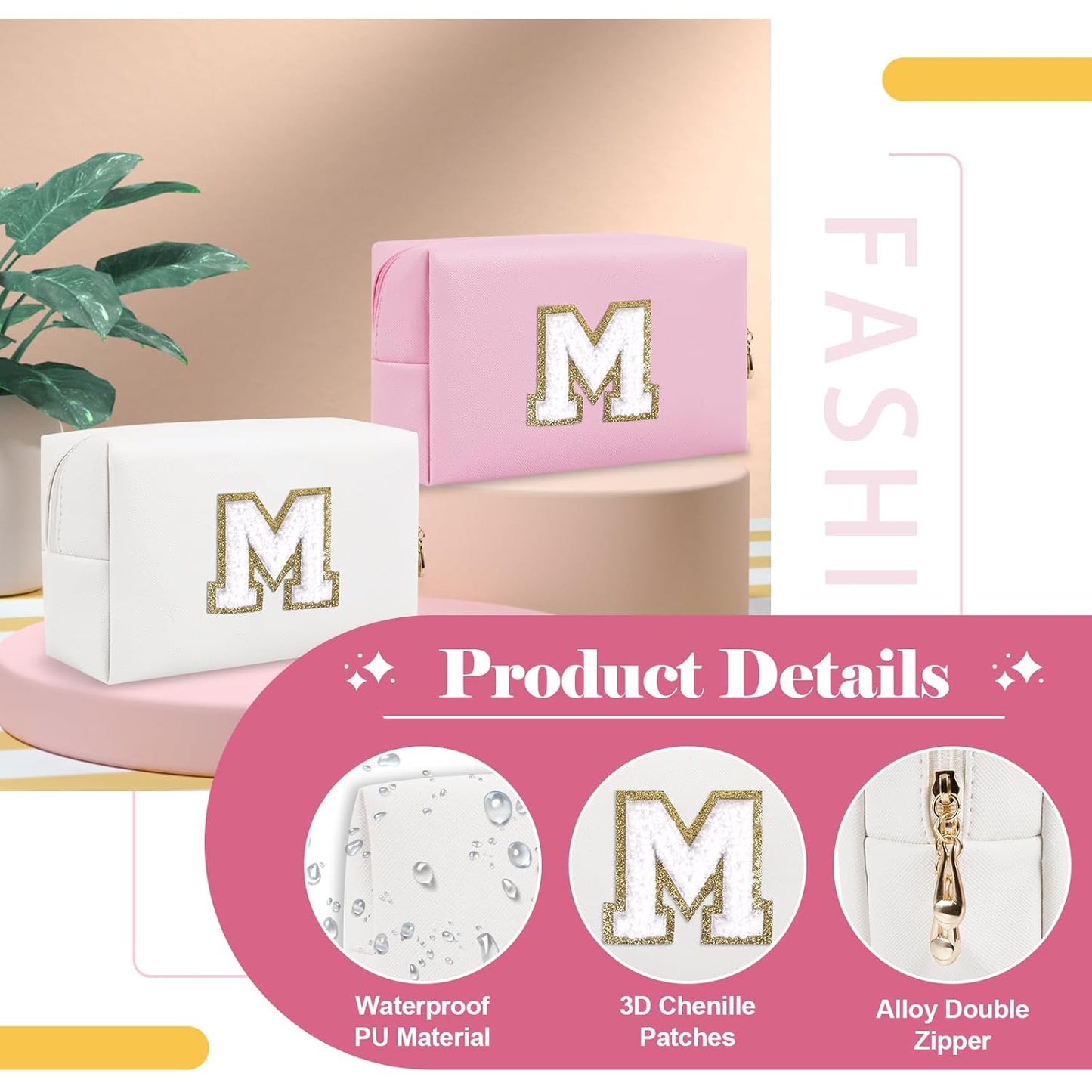 Small Personalized Initial A-Z Preppy Patch Makeup Bag,White PU Chenille Letter Travel Cosmetic Pouch with Zipper,Cute Toiletry Bag,Gift Ideal for Teen Girls Women Teacher Bridesmaid,Letter M