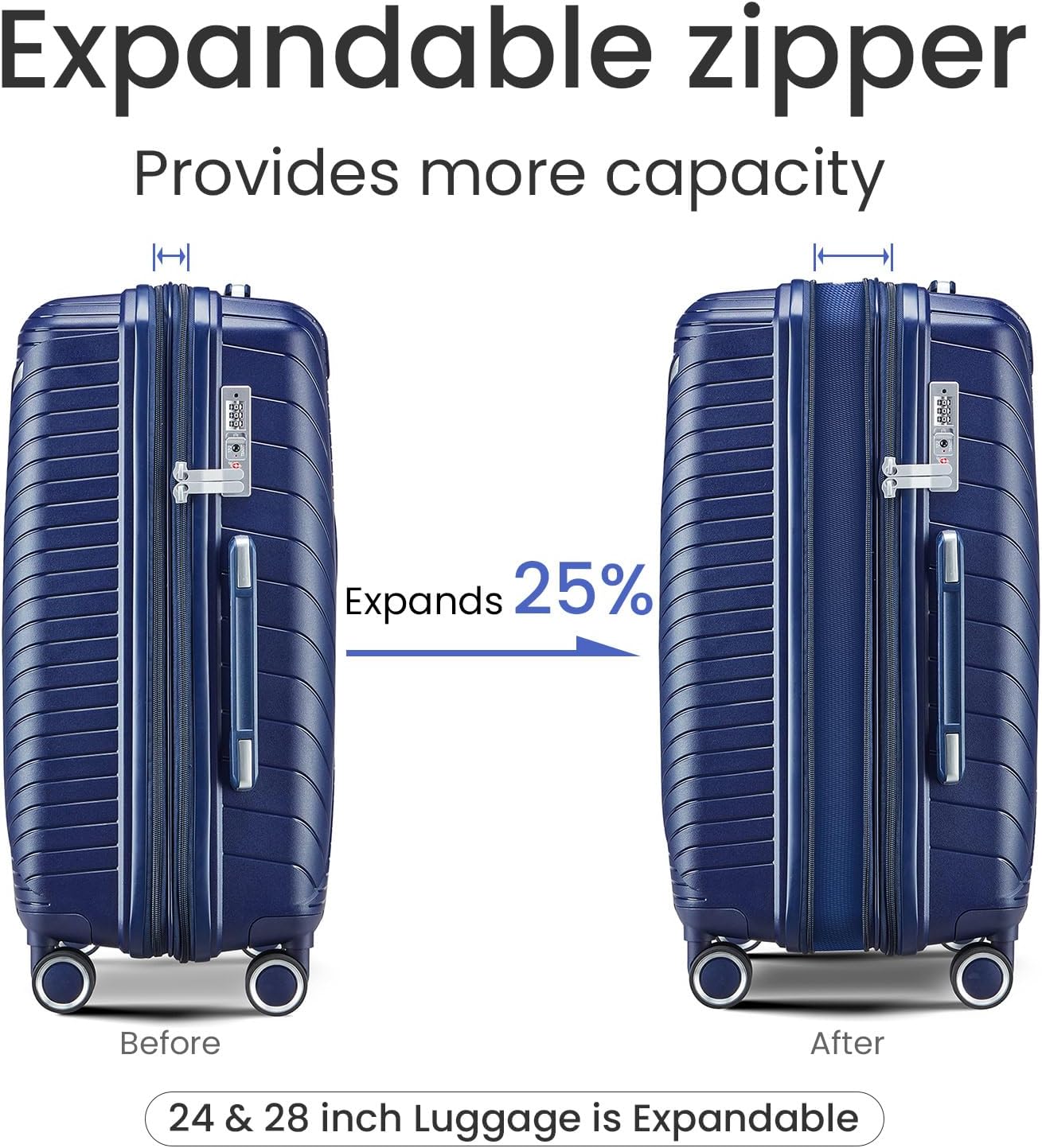 4-Piece Expandable Hardshell Luggage Set with TSA Lock (14/20/24/28) - Lightweight PP Suitcases, 360° Silent Spinner Wheels and Durable 100LB Handle for Air Travel (D# Navy Blue)