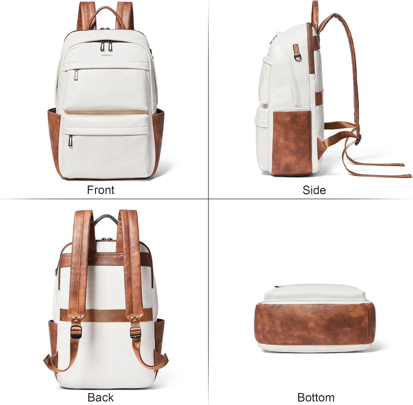 Leather Laptop Backpack for Women, Fits 15.6 Inch Laptop, Leather Backpack with 2 Water Bottle Pockets, Hidden Zipper and Luggage Strap, Ideal for Work, Travel, College, Everyday Use, Beige