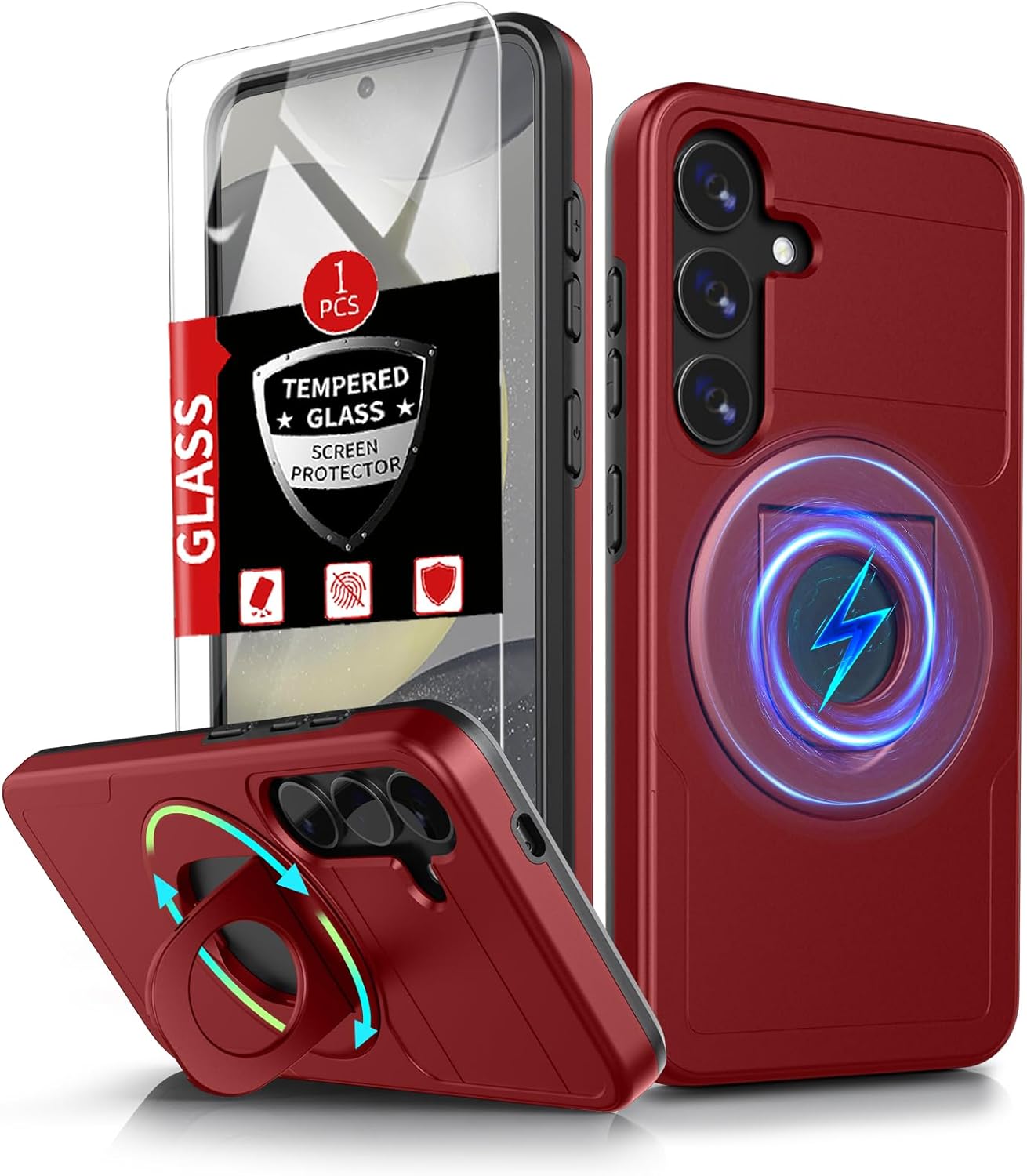 for Samsung Galaxy S24 Case Magnetic Compatible with MagSafe Wireless Charging,with Screen Protector,for S24 Phone Case with Kickstand Ring Anti-Scratch Shockproof Heavy Duty Protection Red