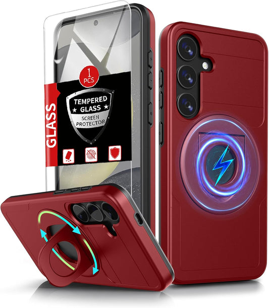 for Samsung Galaxy S24 Case Magnetic Compatible with MagSafe Wireless Charging,with Screen Protector,for S24 Phone Case with Kickstand Ring Anti-Scratch Shockproof Heavy Duty Protection Red