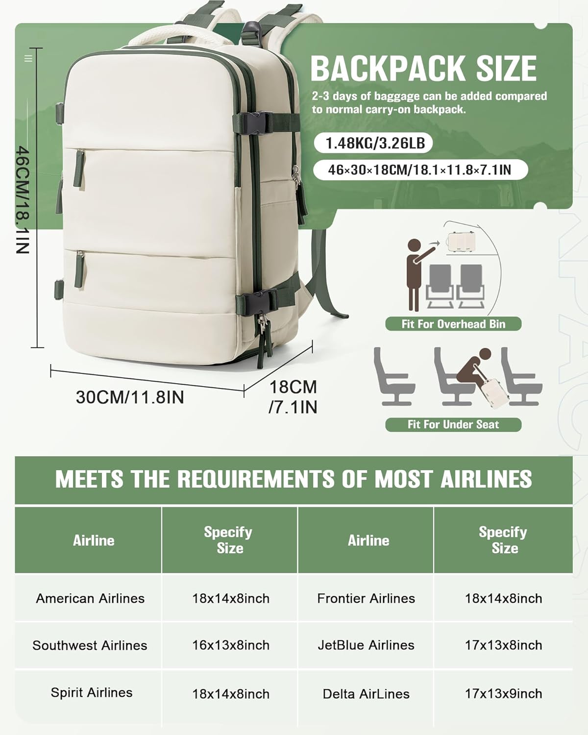 Vacuum Backpack Travel with Pump for Women,Flight Approved 18x14x8 inches,Travel Backpack with Vacuum System,15.6 Inches Laptop Bag,Rice White with Green