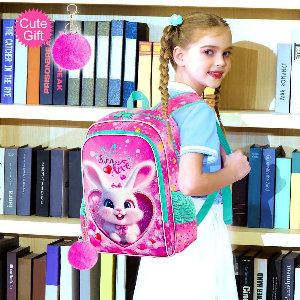 3PCS Girls Backpack, Kids Water Resistant Heart Bookbag Set with Lunch Box, Cute Kids School Bag for Preschool Toddler