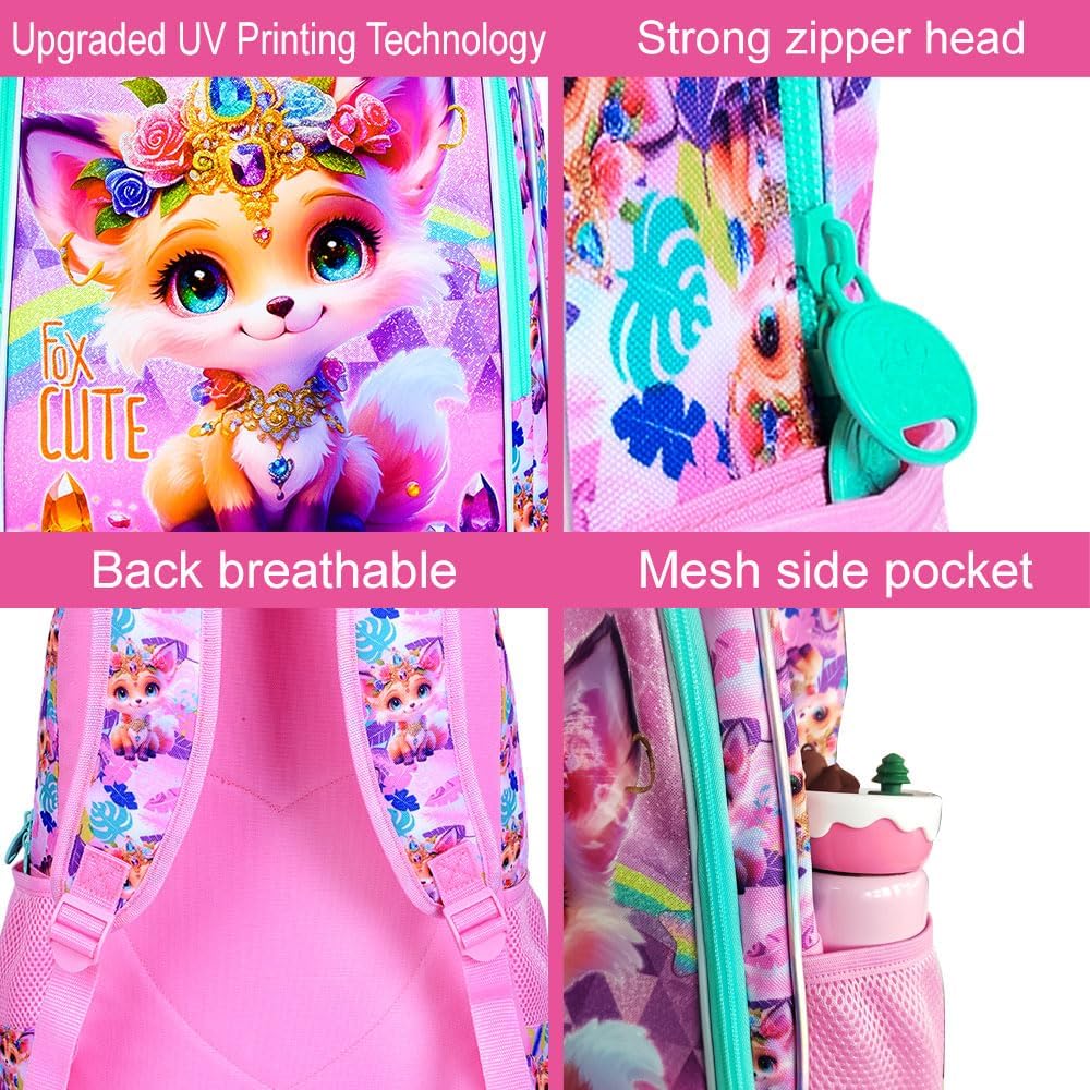 3Pcs Fox Backpack for Girls, 16" Kids School Backpacks with Lunch Box, Bookbag for Elementary