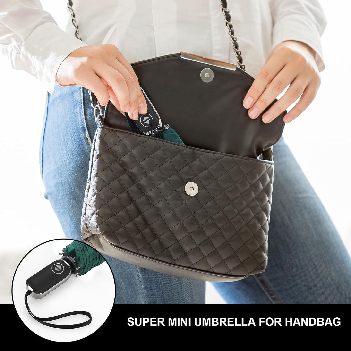 LEAGERA Compact Travel Umbrella for Purse - Flat Handle, Waterproof for Light Rain