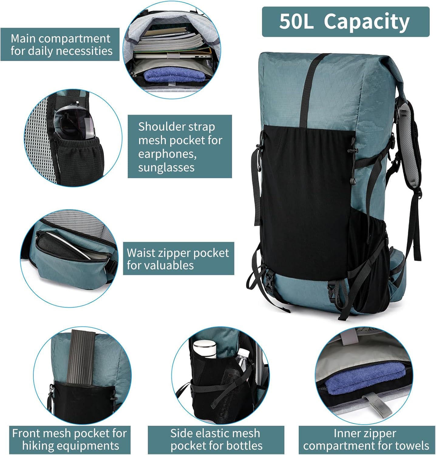 Hiking Backpack,40L to 50L Extra Large Capacity Hiking Bag,Internal Frame Camping Backpack,Upgraded
