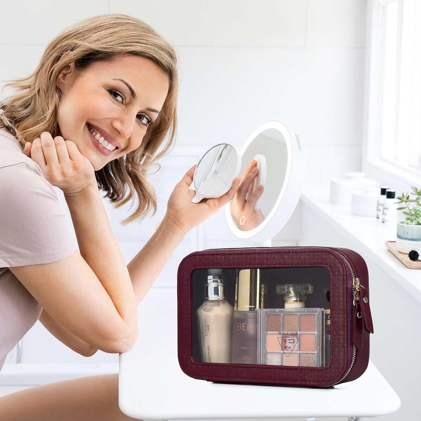 Clear Makeup Bag Small Cosmetic & Toiletry Bag Waterproof Travel Case Women's Pouch Organizer Makeup Bag for Car with Zipper (Burgundy, Small-1)