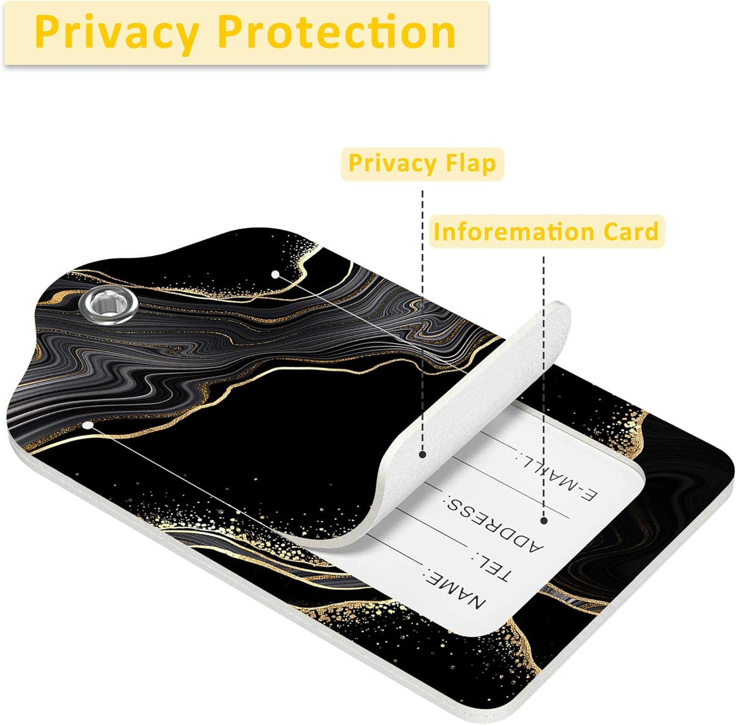 2 Pack Luggage Tag for Suitcase,Abstract Black Marble with Golden Veins PU Leather Suitcase Tags Identifiers with Privacy Name Address Labels and Durable Steel Loop for Women Men Travel
