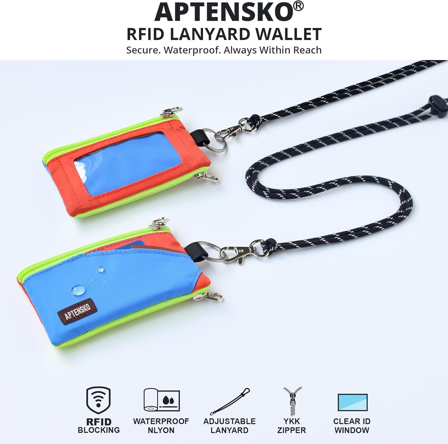 RFID Travel Wallet with Adjustable Lanyard-Zipper Small Wallet with ID Card Holder, Keychain for women&men-Minimalist Slim Waterproof Nylon case for ID, Cash, Key (SkyBlue+BlazingOrange)