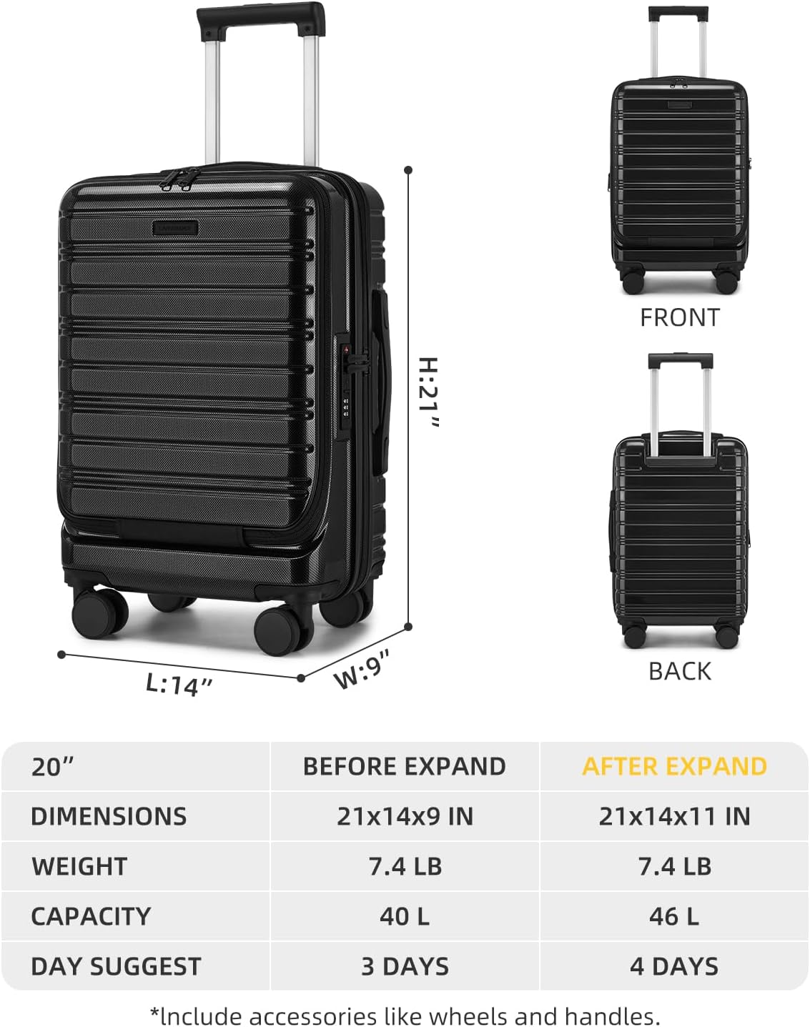 LARVENDER Carry On Luggage 22x14x9 Airline Approved, 20 Inch Expandable PC+ABS Hardside Carry On Luggage with Front Pocket Spinner Wheels TSA Lock for Women Men (Black)
