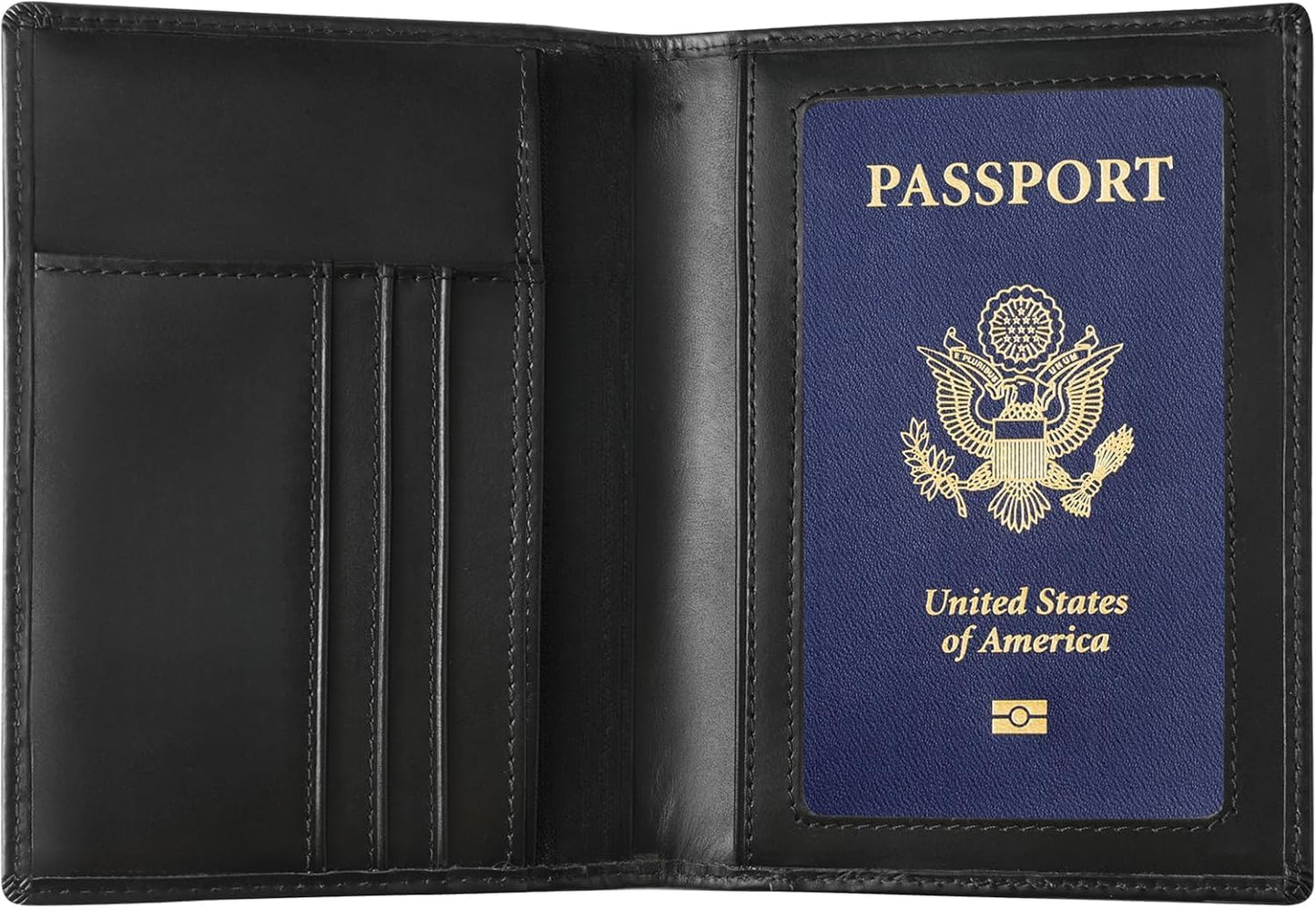 Genuine Leather Passport Cover for Men & Women, RFID Blocking Travel Wallet with Family Storage Capacity (Black)