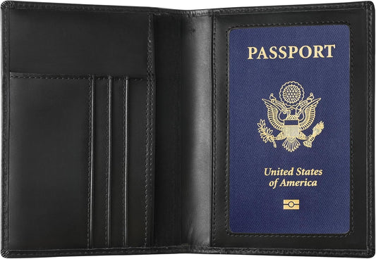 Genuine Leather Passport Cover for Men & Women, RFID Blocking Travel Wallet with Family Storage Capacity (Black)