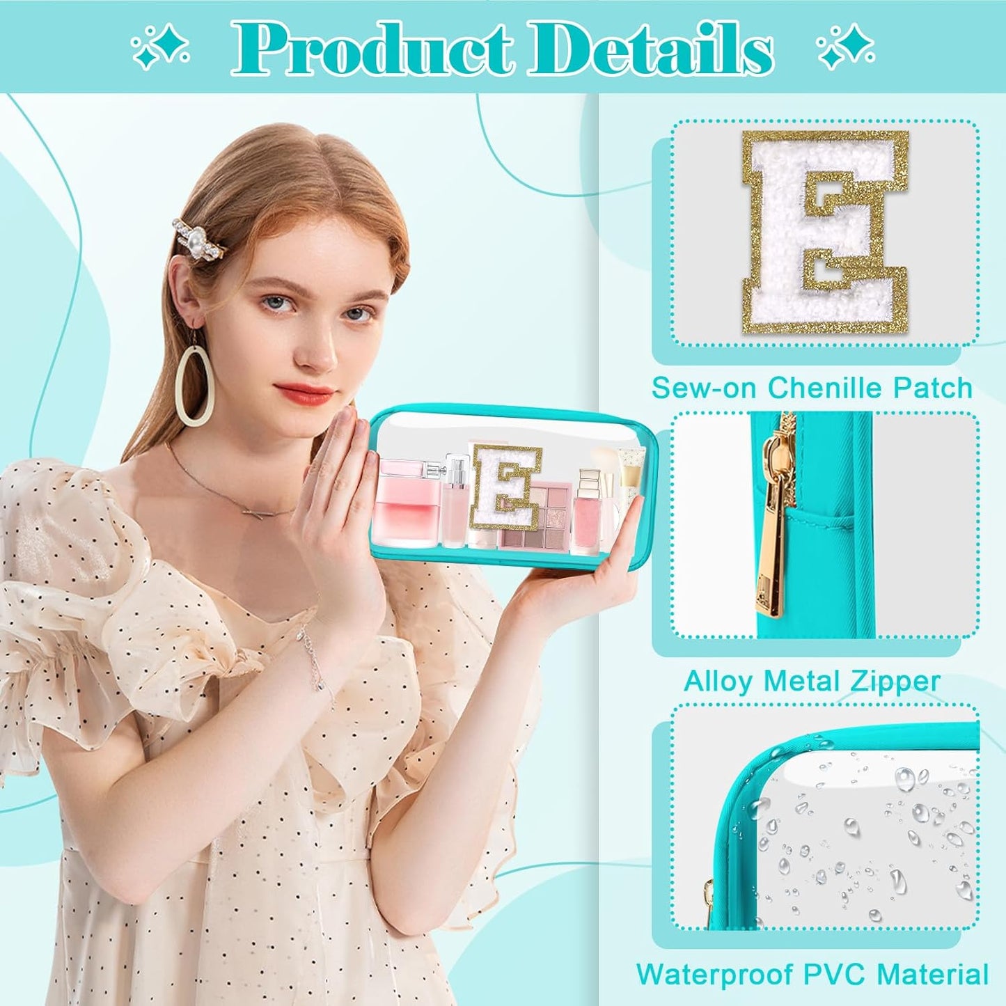 Personalized Initial Letter Clear Makeup Bag,Preppy Small Nylon&PVC Cosmetic Zipper Bag with Chenille Letter,Portable Beach Travel Skincare Toiletry Bag,Trendy Monogram Gift for Teen Girls Women,E