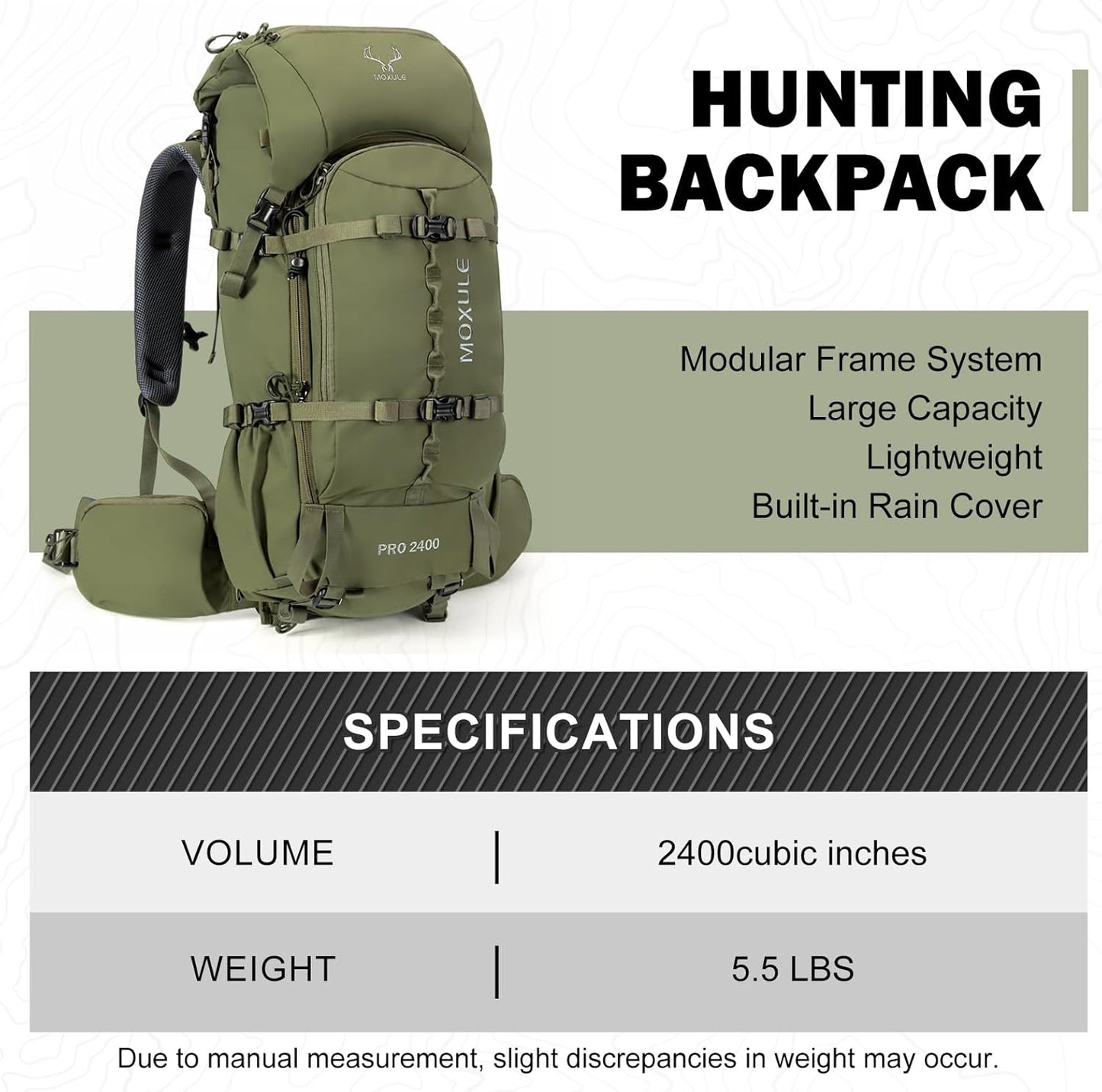 Pro 2400 Frame Backpack - Meat Hauler Pack with Rain Cover for Outdoor - Lightweight, Green