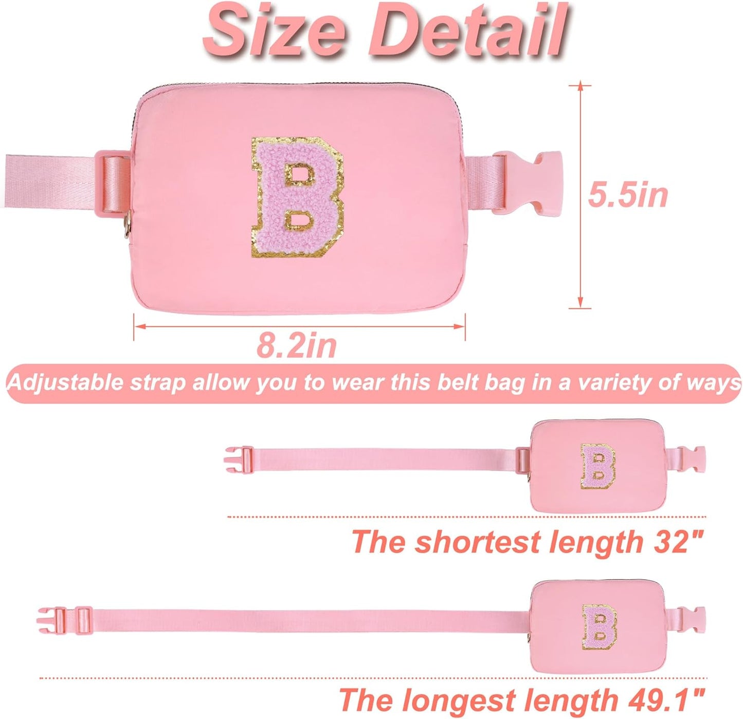 Personalized Belt Bag for Women Girls - Fashion Mini Waist Packs with Adjustable Strap - Trendy Travel Fanny Pack Crossbody Bags with Initial Letter - Teen Gifts | Peach,B
