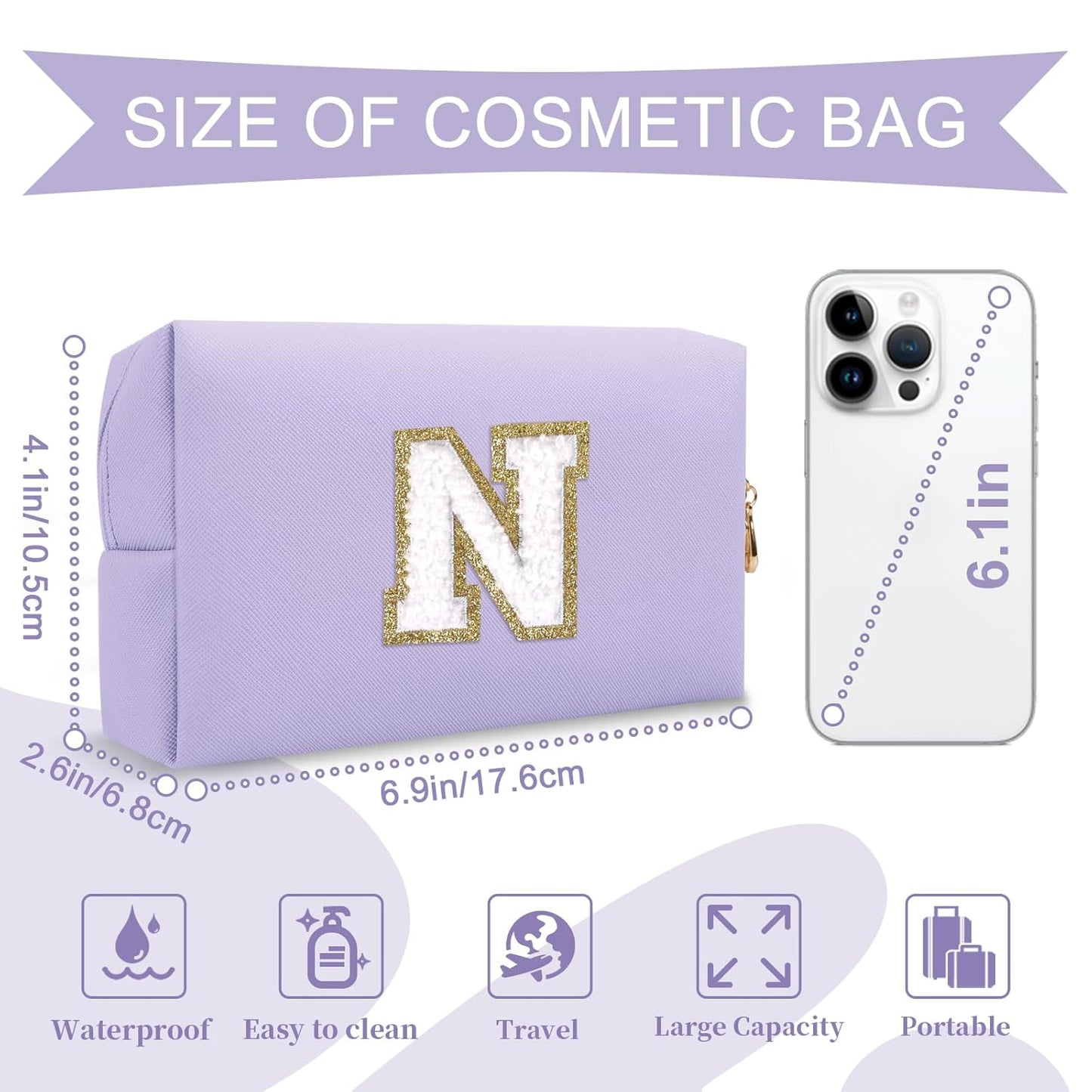 Personalized Makeup Bag Initial A-Z Preppy Patch Bag,Small PU Leather Travel Cosmetic Bag Pouch with Zipper,Purple Cute Toiletry Bag,Gift Ideal for Teen Girls Women Birthday Friend Mom,Latter N