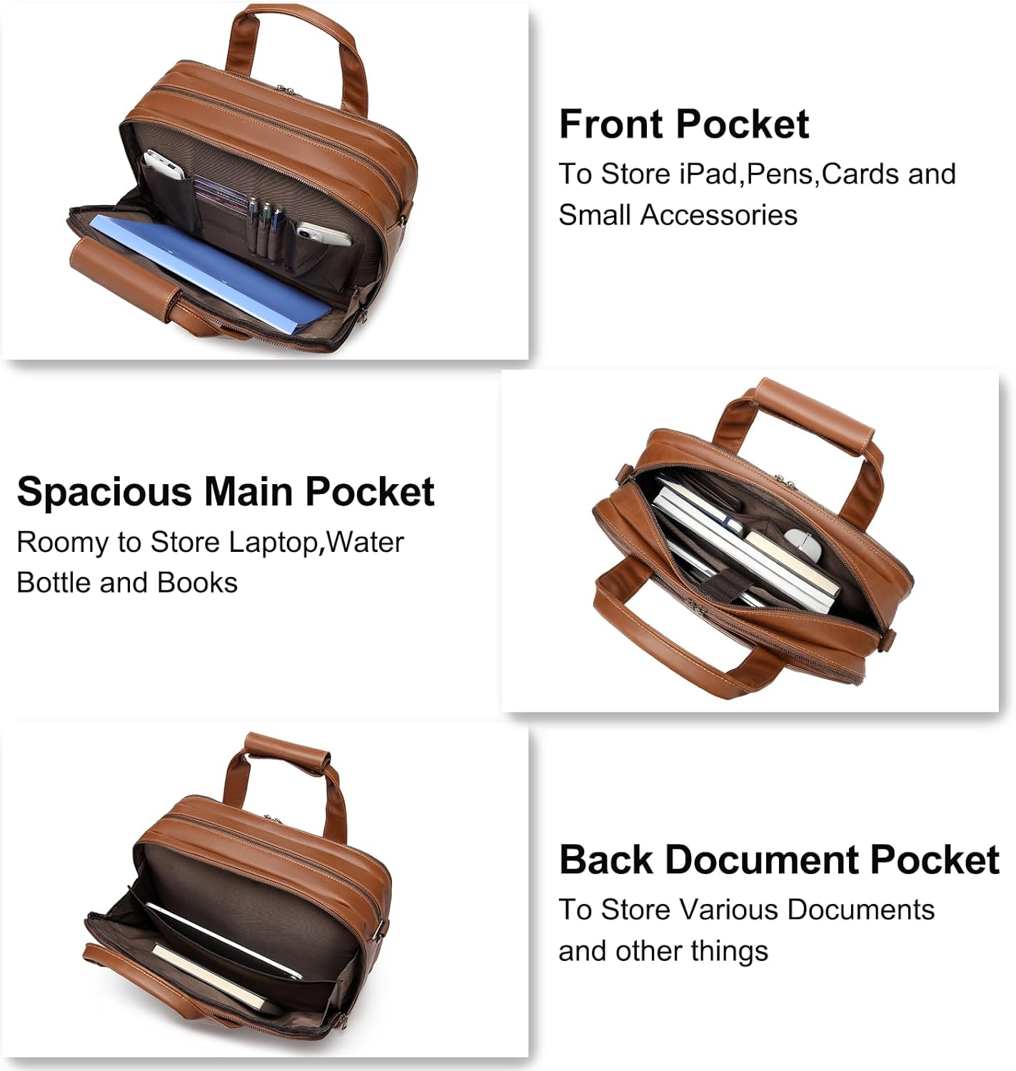 Bosidu Leather Briefcases for Men 15.6 Inch Laptop Messenger Bag with Triple Compartments Water-Resistant Computer Shoulder Bag for Business, Travel, Work, Office, Coffee