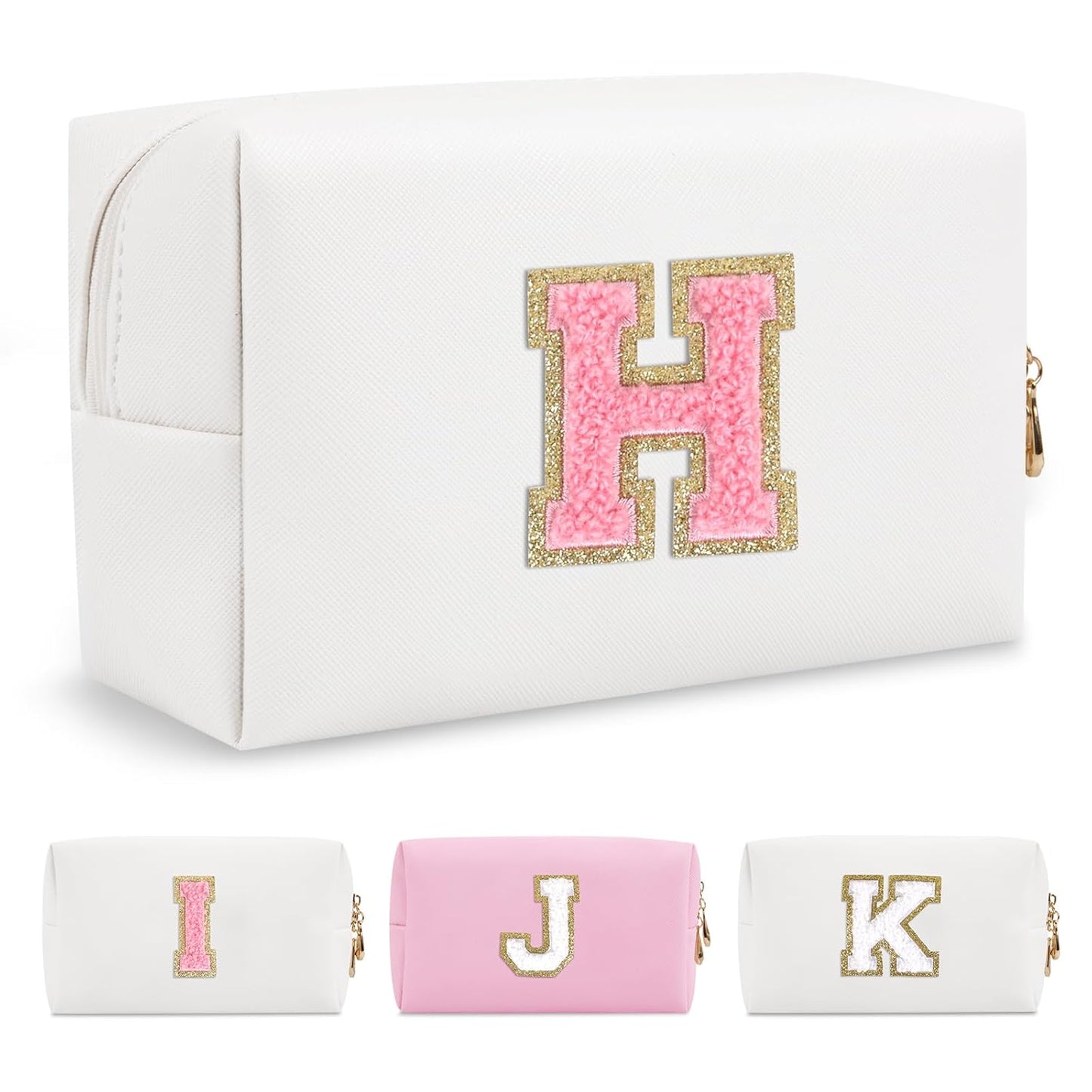 Personalized Makeup Bag Initial A-Z Preppy Patch Bag,Small PU Leather Travel Cosmetic Bag Pouch