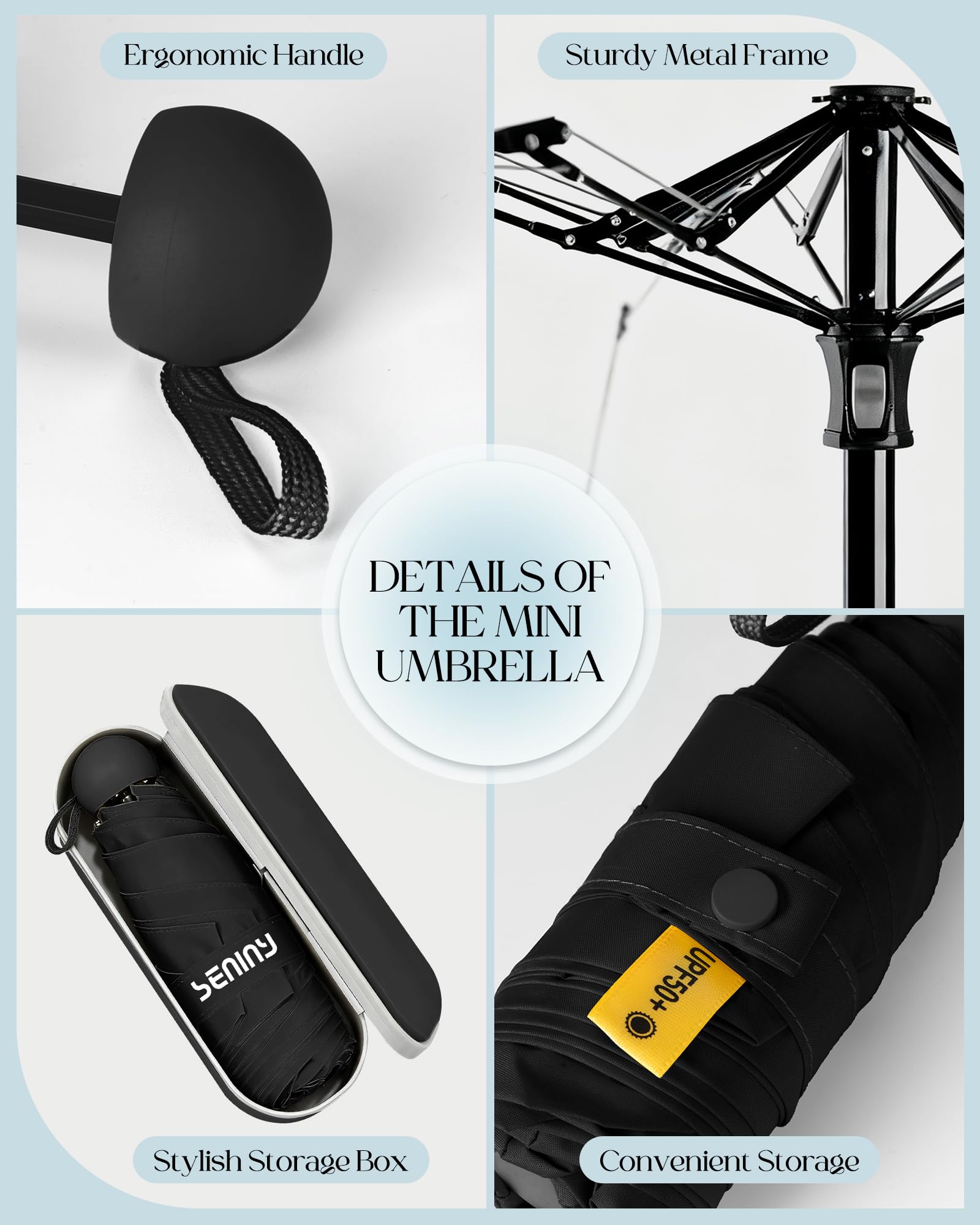 Seniny Mini Travel Umbrella with Case, Compact Pocket Size UV Sun & Rain