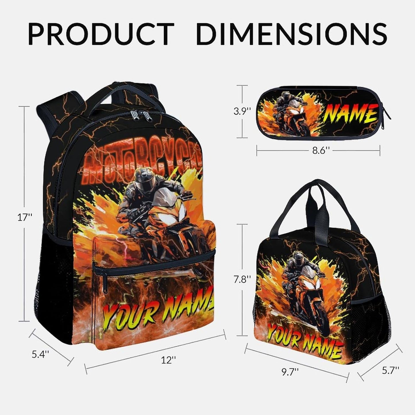 Boys Backpack Set, Personalized Kids Backpack with Lunch Box, Motorcycle Bookbag for School, 17 Inch Custom Car Bookbag, Durable School Supplies