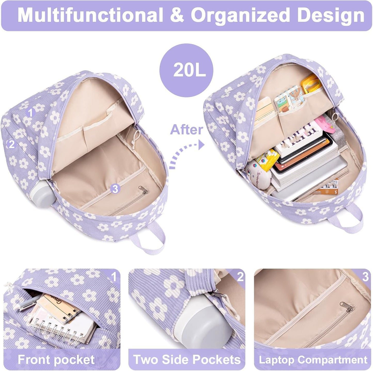 School Backpack for Teen Girls Bookbags Elementary High School Corduroy Laptop Bags Women Travel Daypacks