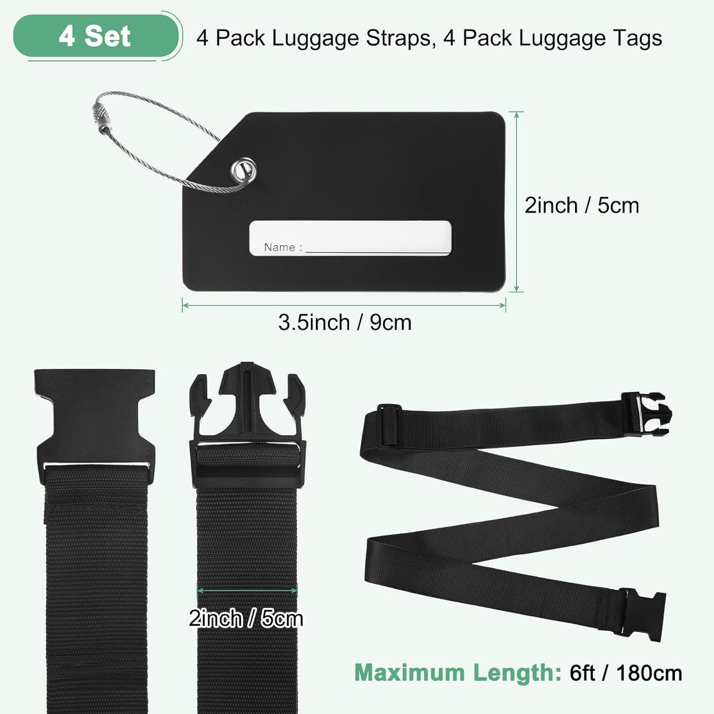 4-Sets Luggage Straps TSA Approved, Travel Straps for Luggage Suitcase Tags Set, Adjustable Suitcase Belt [Black]