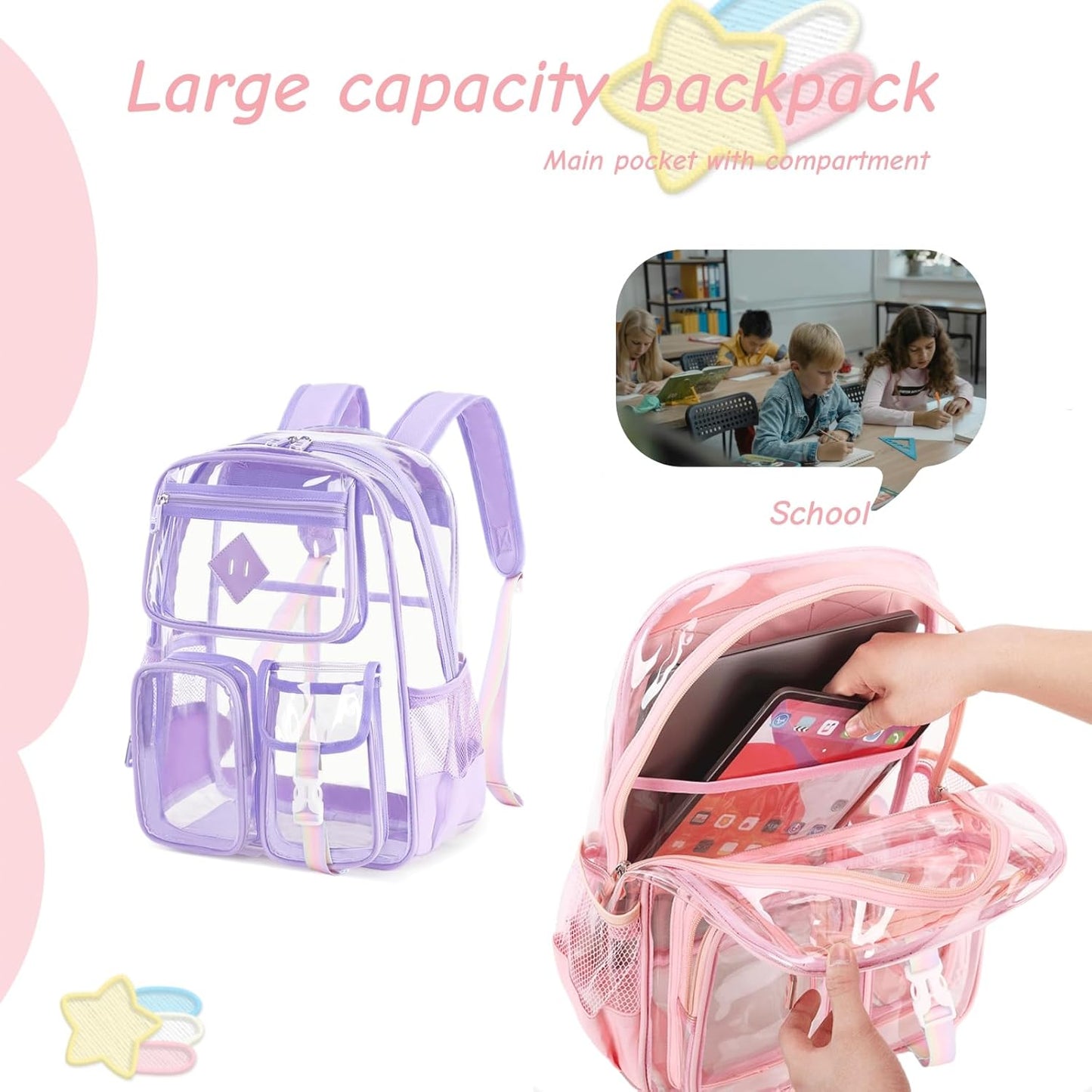 Clear Backpack for Girls Large Heavy Duty Transparent Bookbag for Middle School Kids Travel Daypacks
