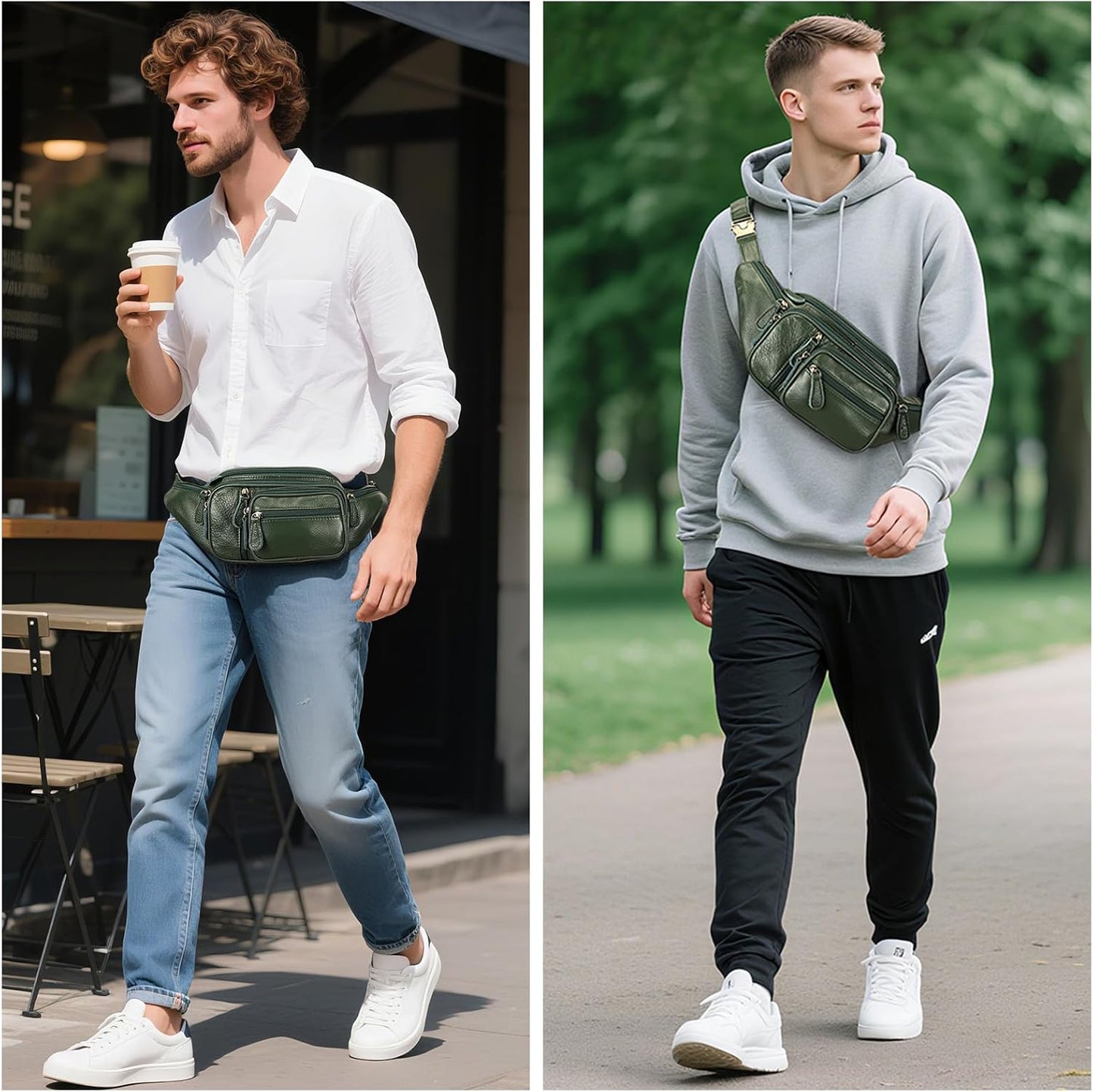 Genuine Leather Fanny Pack large capacity Crossbody Waist Bag with Zipper phone Pockets green
