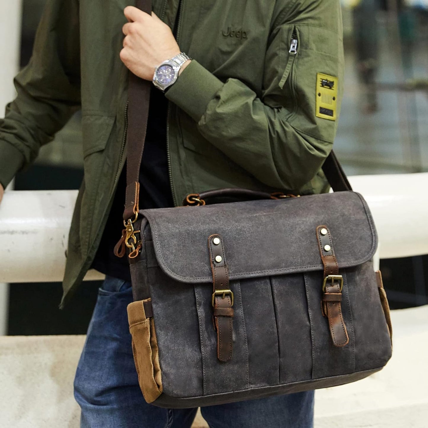 Messenger Bag for Men 15.6 Inch Vintage Canvas Genuine Leather Briefcase for Men Laptop Bag Satchel Shoulder Bag