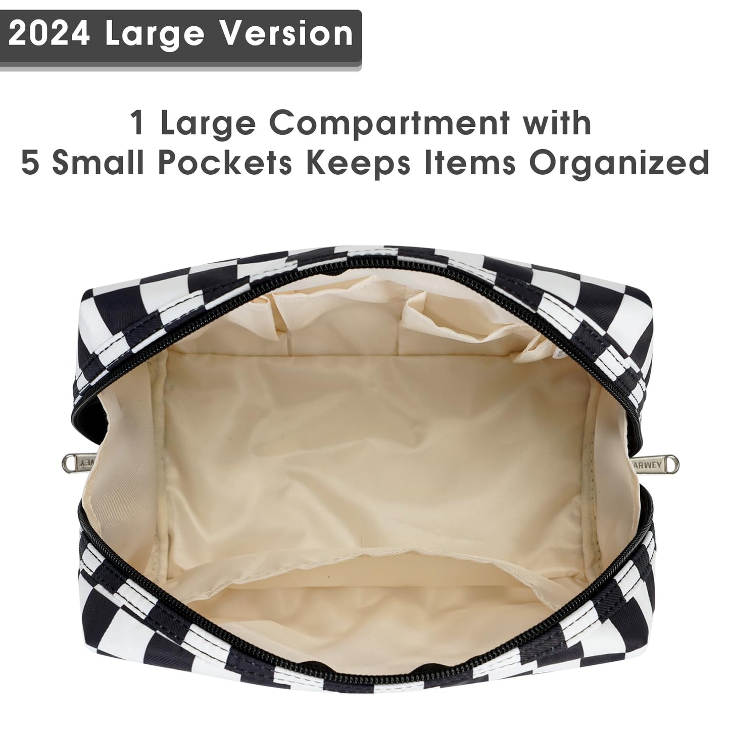 Narwey Checkered Makeup Bag Travel Cosmetic Bag Organizer Toiletry Bag Make Up Bags with Compartments for Women Girls (Large, Black Checkerboard)