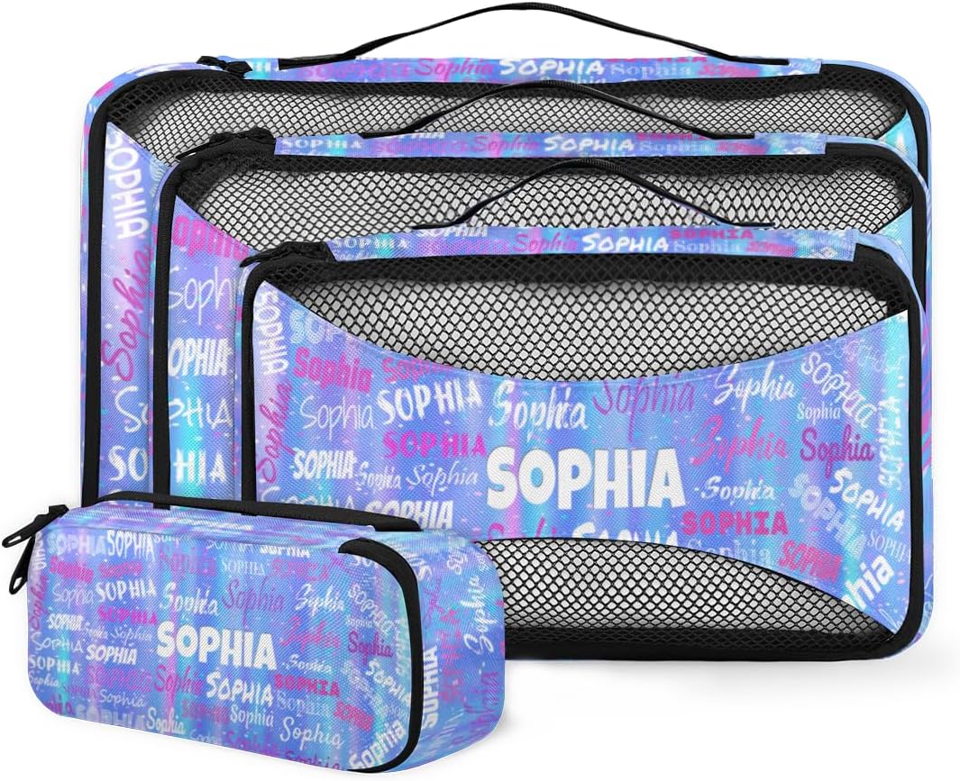 Custom Packing Cubes with Name, 4Pcs/Set Travel Luggage Packing Organizers Set for Women, Gradient Blue Galaxy Background