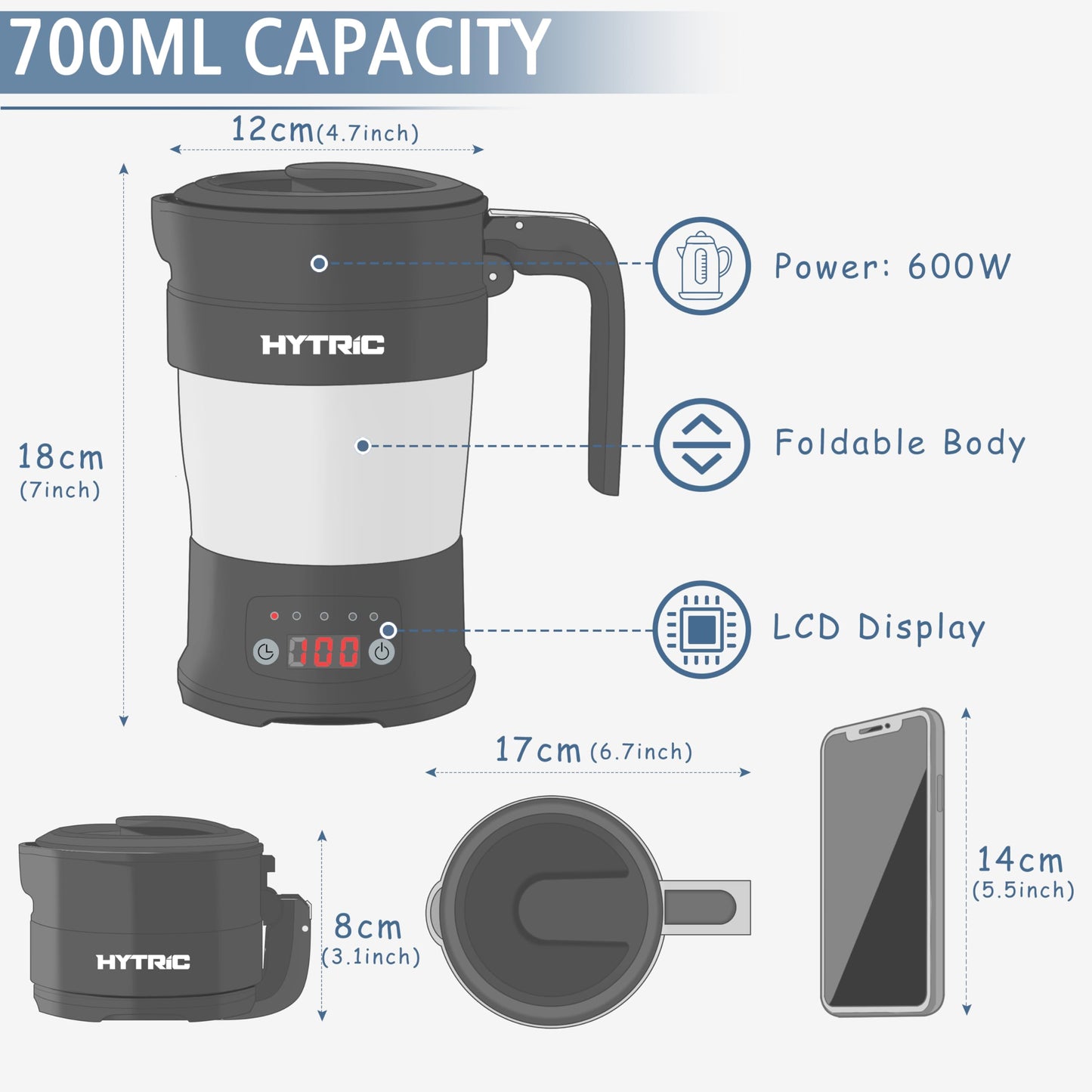 HYTRIC Travel Electric Kettle, 700ML Collapsible Hot Water Kettle, Black